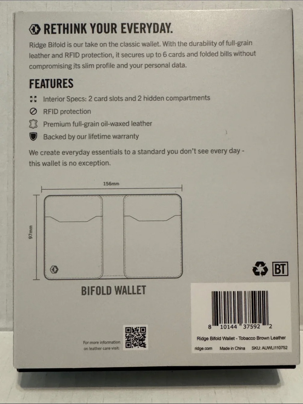 Ridge Bifold Wallet - Tobacco Brown Leather NWOT